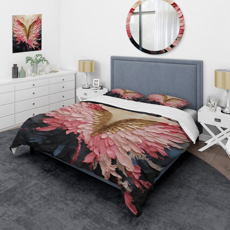 Ensemble de housse de couette rose et or Angel Wings - Abstract Spirals, Housse de couette simple et deux taies décorative