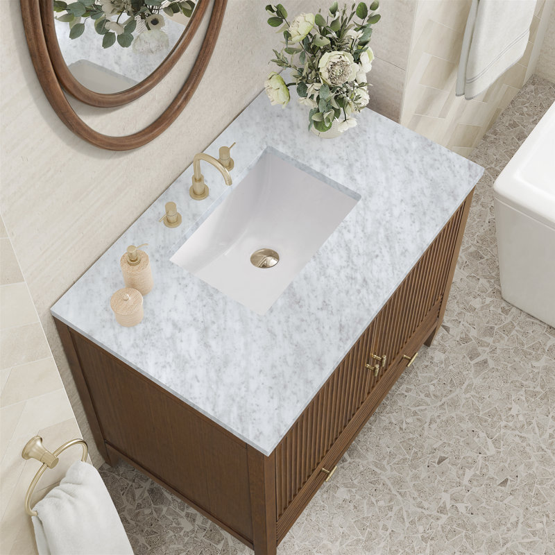 Myrrin 36'' W Single Vanity, Carrara White, Mid-Century Walnut, 8" Widespread