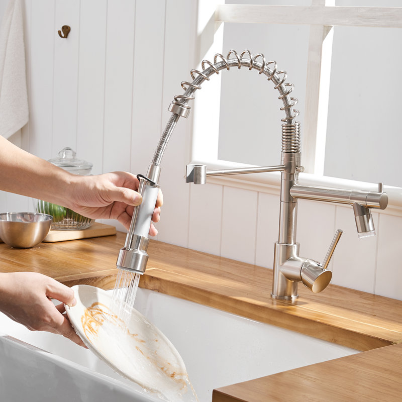 Brushed Nickel High Arc Pull-Down Kitchen Faucet with Dual Spray