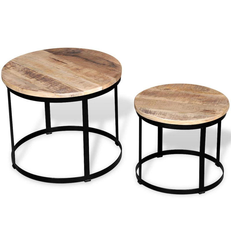 Coffee Table Set 2 Piece Round End Table Side Table Solid Wood Mango, Beige