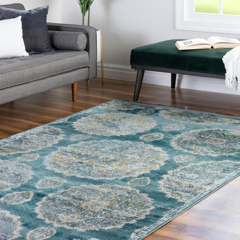 Tapis oriental en polypropylène tissé à la machine en turquoise / gris / jaune, Rectangle de 10 pi x 14 pi