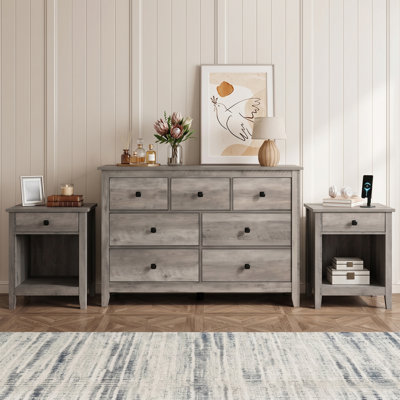 3-Piece 7-Drawer Dresser Set With 2 Nightstands Farmhouse Bedroom Collection