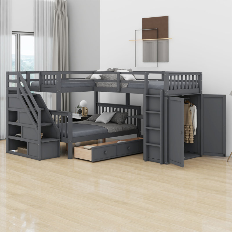 Javarrie Kids Bunk Bed with Drawers, Gray