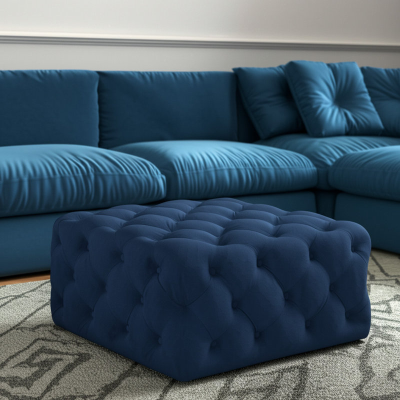 Repose-pieds cocktail capitonné en velours bleu marine 33 po