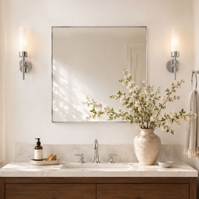 Lilian Square Bathroom Mirror, Polished Nickel Square Wall Mirror, 30x30'' Polished Nickel Square Mirror for Bathroom
