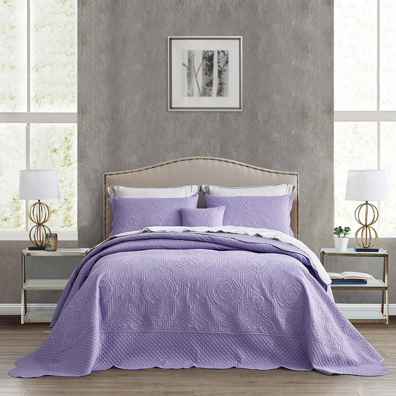 Ensemble de courtepointe en microfibre 5 pièces Leadington, Courtepointe très grand et 4 pièces supplémenta, Lavande pourpre