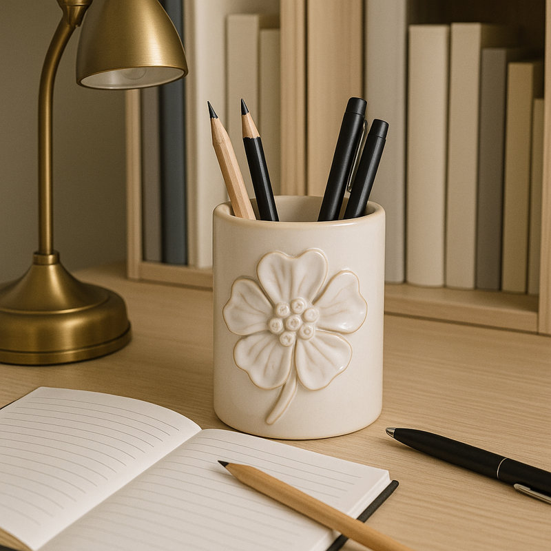Cute Decorative Flower Ceramic Office Desk Accessory - Stylish Destop Organizer Doubles As Kitchen, Bedroom, Or Bathroom Decor Accent - 4"