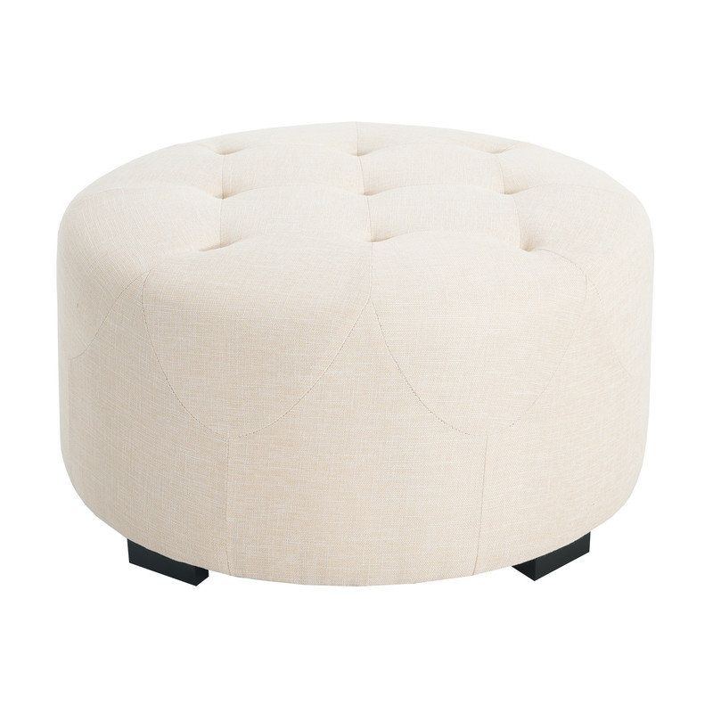 Upholstered Button Tufted Round Ottoman, Beige