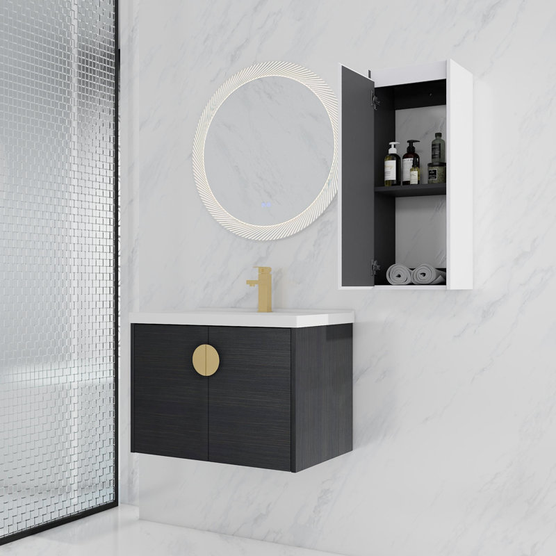Meuble-lavabo de salle de bain avec lavabo en céramique et armoire d'appoint - Style moderne, châtaignier noir, structure et organisation