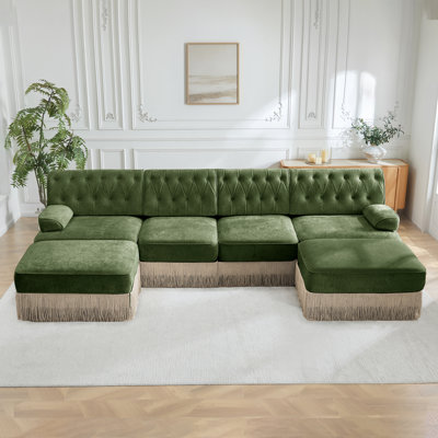 Canapé modulaire 4 places avec 2 repose-pieds en nuage, jupe à pampilles, conception capitonnée, mousse haute résilience à haute densité, conception ergonomique, base en bois de qualité supérieure, pour chambre à coucher pour salon, vert