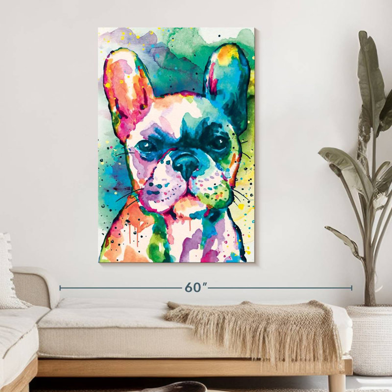 Bouledogue français, peinture sur toile, H 48 po x l 32 po x P 1,25 po