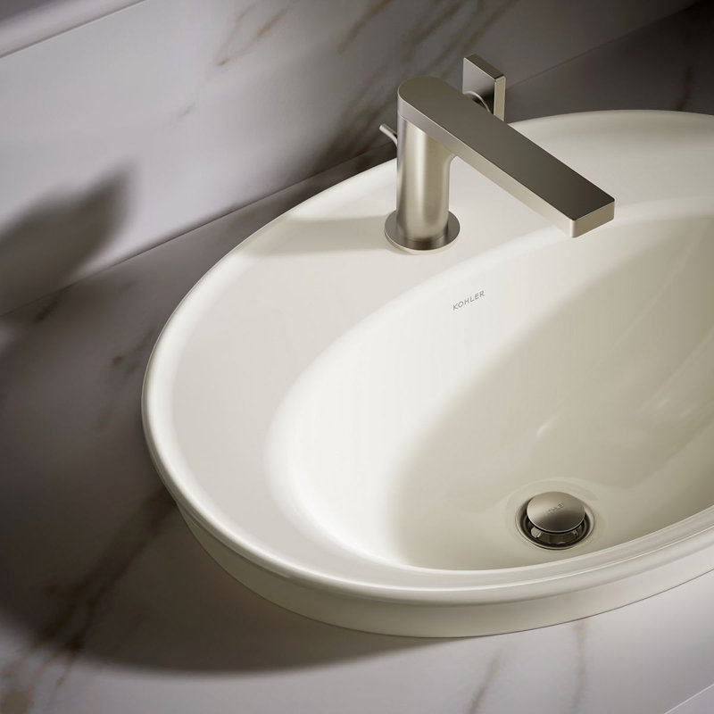 Serif Ceramic Oval Drop-In Bathroom Sink with Overflow, Biscuit, Single