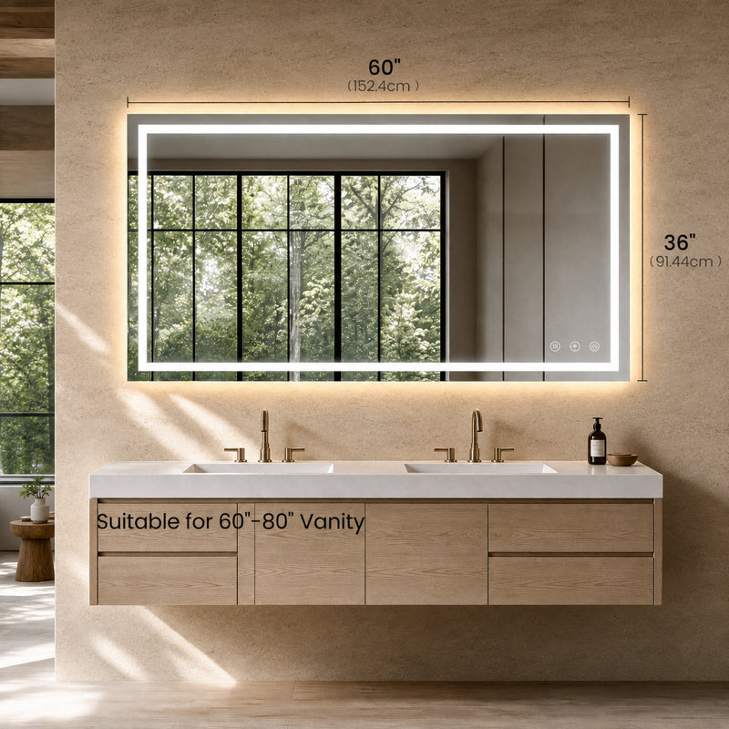 Miroir de salle de bain sans cadre à DEL avec température de couleur 3 et miroir de salle de bain anti-buée, rétroéclairé et éclairé à l'avant avec fonction de mémoire