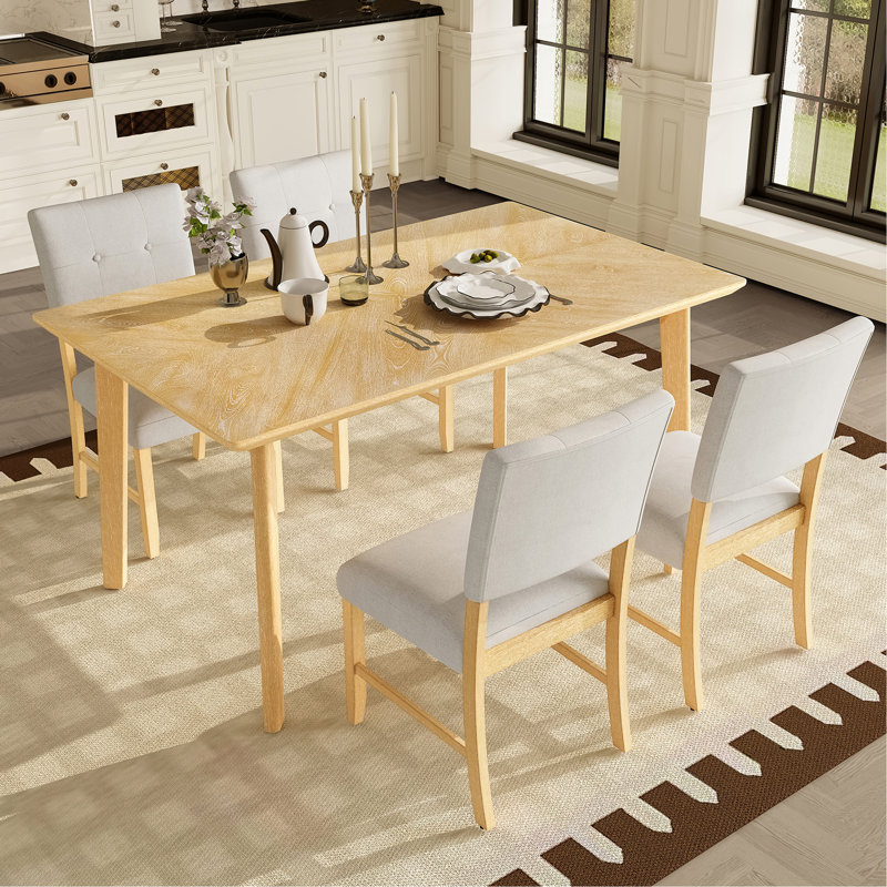 Ensemble de table de salle à manger 5 pièces, table rectangulaire rustique avec 4 chaises rembourrées, ensemble de table de salle à manger en bois massif pour 4 personnes (assemblage facile, bois naturel délavé)