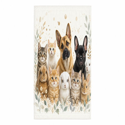Serviette pour animal 1Pcs, avec une charmante illustration aquarelle de chiens, de chats et de lapins dans un pré floral. Grande plage en microfibre, parfaite pour les voyages, le camping et convenant à tous les âges.