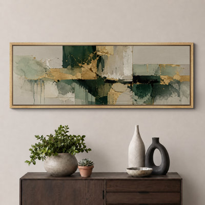 Sage Green Gold Layered Block Abstract Artwork, Living Room Pictures, Framed Canvas Giclee Print 3 Pieces Wall Art