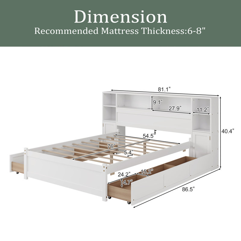 Lit de rangement en bois avec tête de lit haute bibliothèque, 6 tiroirs et station de charge pour les adultes, aucun sommier nécessaire