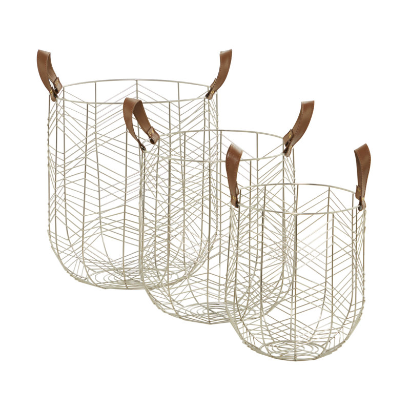 Ensemble de panier de rangement décoratif et fonctionnel en métal avec poignées en similicuir, Argent