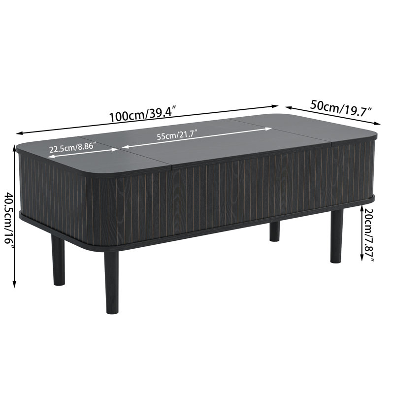 39.4'' Mid-century Modern Lift-top Coffee Table, Hidden Storage & Flip Top, Fluted Center Table, Black