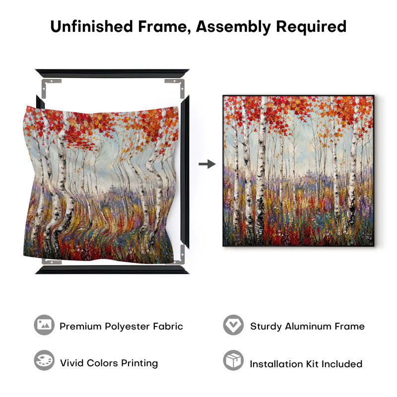Extra Large Wall Art Fabric Print - Colorful Autumn Birch Forest with Wildflowers for Living Room or Bedroom - "Frame Assembly Required (Unfinished Frame)"