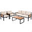 Ensemble de canapé d'extérieur 4 pièces pour 5 personnes avec accoudoirs en bois d'acacia, ensemble de conversation pour patio avec coussin amovible et table basse en bois massif-1019729145