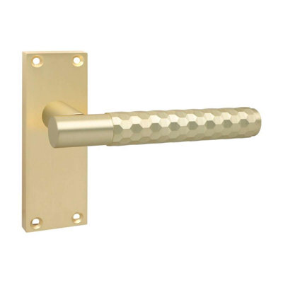 Golden Grace 1 Pair Victorian Design Knurled Hex Cut Door Handle Bathroom and Lock Set Satin Brass Finish - 120mm x 40mm