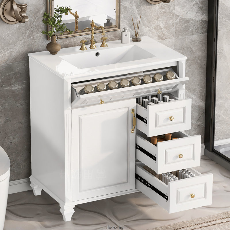 Meuble-lavabo autoportant de 30 po avec comptoir d'évier, armoire en bois massif et panneau de fibres à densité moyenne avec tiroir rabattable, 3 tiroirs et armoire de rangement, comptoir d'évier en céramique, blanc
