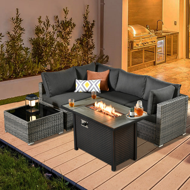 Chappotin Wicker 4 - Person Modular Patio Conversation Sets with Cushions, Black