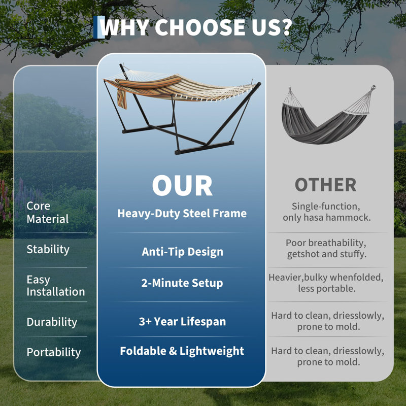 365cm 2 Person Freestanding Double Hammock with Stand, Coffee Stripe Outdoor Hammock Equipped with Pillow & Balance Rope, 204kg Load Capacity for Patio Backyard Poolside