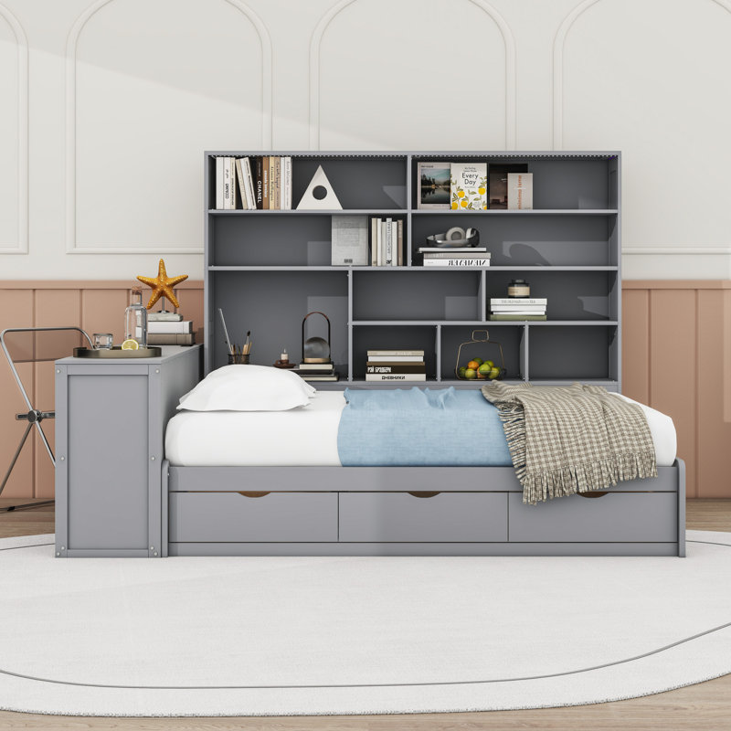 Lit de jour double en bois avec poste de travail et grand rangement, bureau, Gris