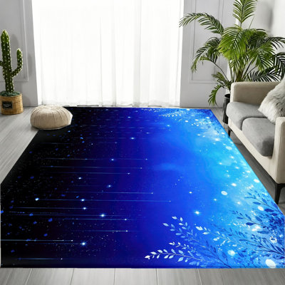 Galaxy Starry Night Area Rug, Blue Black Gradient Shooting Stars and Leaves Pattern, Artistic Design Machine Washable Non-Slip Floor Carpet, Indoor Home Decor for Living Room, Bedroom, Entryway, Kitchen, Balcony, Apartment