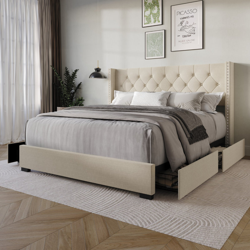 Sauger Upholstered Wingback Storage Bed, Full, Beige