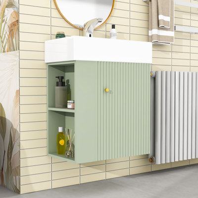 Meuble-lavabo flottant élégant avec porte à motif de vagues, lavabo en céramique et rangement à gauche Crowe