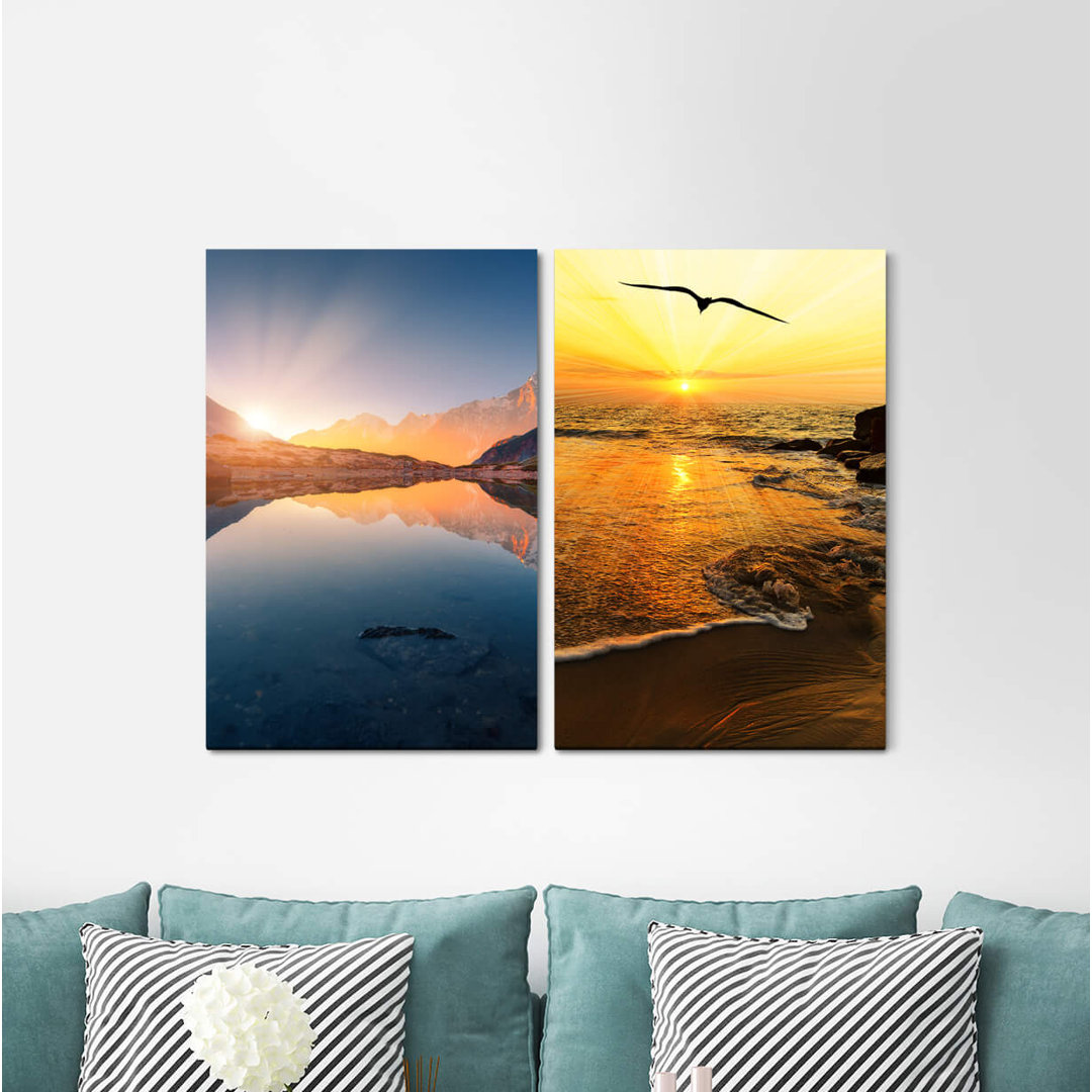 2-tlg. Leinwandbilder-Set - Fotografie „Lake Mountains Sunshine Seagull Sea Horizon Peace”