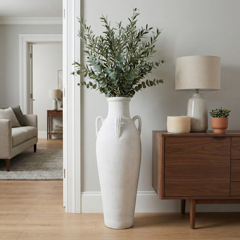 Laynette Floor Vase Pottery Terracotta Rustic Dual Handles Decorative for Home Bedroom Office Living Room - 39" Ivory & Tan