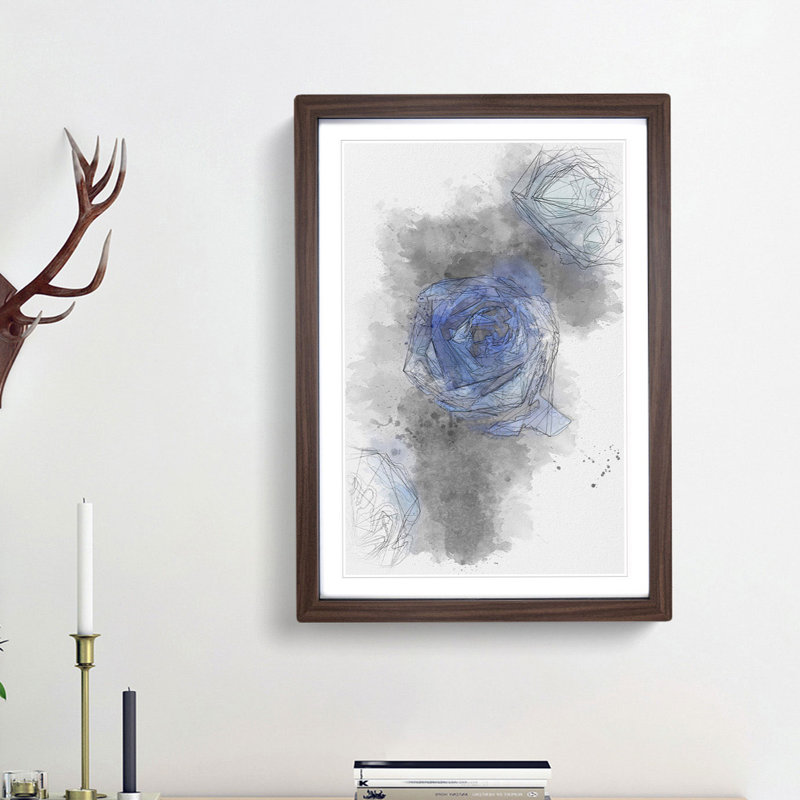 Trio of Blue Roses - Picture Frame Painting Print, 45cm H x 33cm W x 2cm D, Walnut Framed