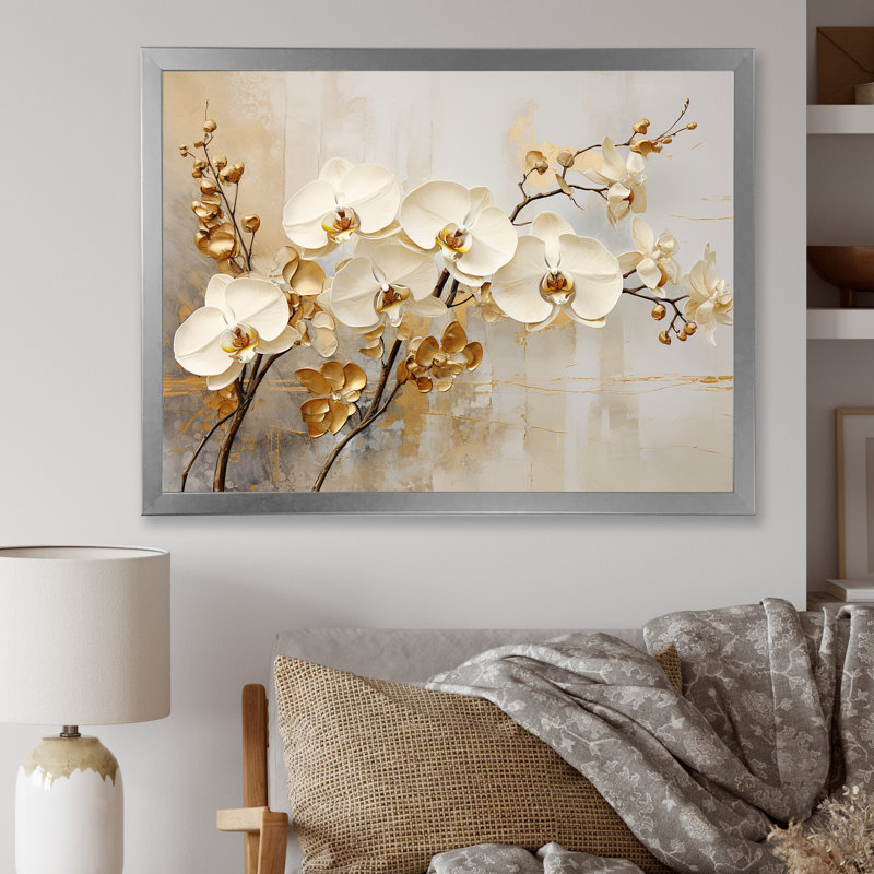Minimalisme beige et orchidées dorées - impressions sur toile orchidées, H 12 po x l 20 po, Reproduction avec cadre flottant
