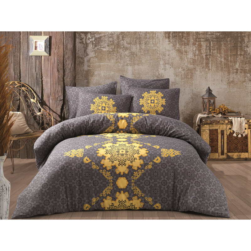100% Cotton Ranforce Quilt Cover Set, Grey & Yellow, Duvet Cover 53.1 x 78.7 inches & Pillowcase 31.5 x 31.5 inches | 140 Thread Count, Machine Washable, Envelope & Button Closure | Soft, Stylish Bedding for Comfortable Sleep