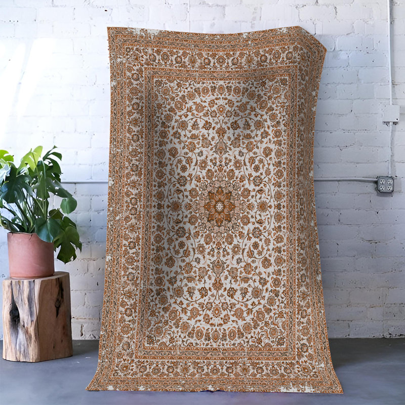 Tapis décoratif beige à motif traditionnel traditionnel, Rectangle 4 pi 11,06 po x 7 pi 6,55 po