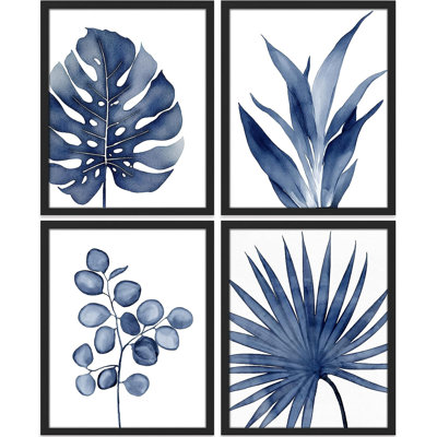 «Minimal Botanical», art mural encadré aquarelle bleu feuilles tropicales, ensemble de 4 impressions murales nature sauvage, décoration murale botanique floral pour le salon, impression encadrée de chambre à coucher 4 pièces
