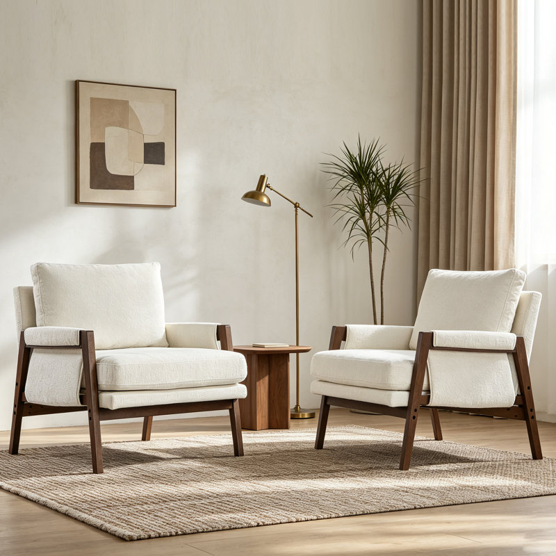 30" Wide Brayven Mid-Century Modern Upholstered Chenille Armchair With Wood Frame (Set of 2), White Chenille