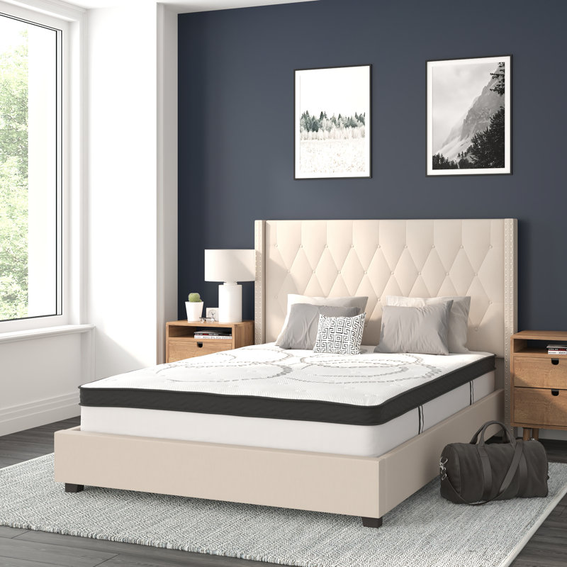 Riverdale Tufted Platform Bed with 10 Inch Pocket Spring Mattress, Beige, Full