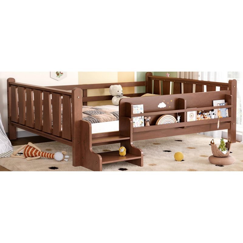 Lit double au sol naturel avec bibliothèques de rangement, cadre et lit indépendant pour jeune pin en bois avec base facile à assembler et stable