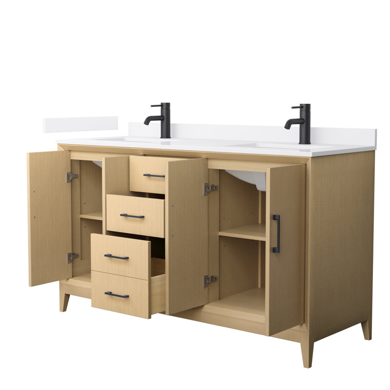Meuble-lavabo double autoportant de 60 po avec plateau en quartz Janna, Quartz blanc, Noir mat