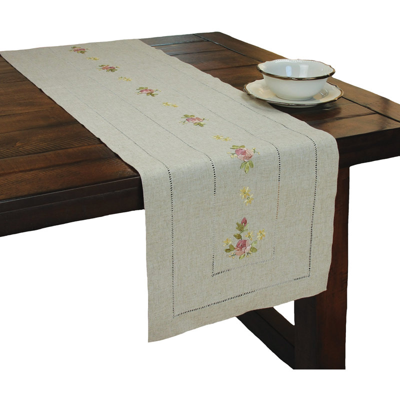 Ribbon Embroidery Rose on Natural Linen with Hemstitch Table Runner