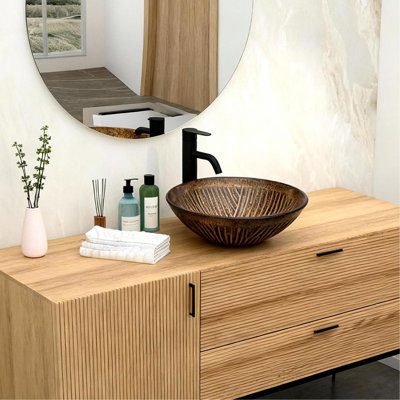 Lavabo de salle de bain en verre trempé ambré, surface lisse pour un entretien facile, joint de drain escamotable, largeur de 16,5 pouces de hauteur