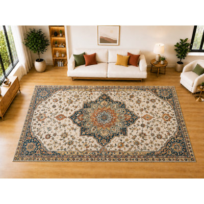 Tapis « ultra-léger » de 200 cm x 300 cm, motif floral Héritage, idéal pour le salon, la chambre ou la salle à manger. Doux et à poils courts, envers antidérapant. Couleur : sarcelle, rouille et ivoire.