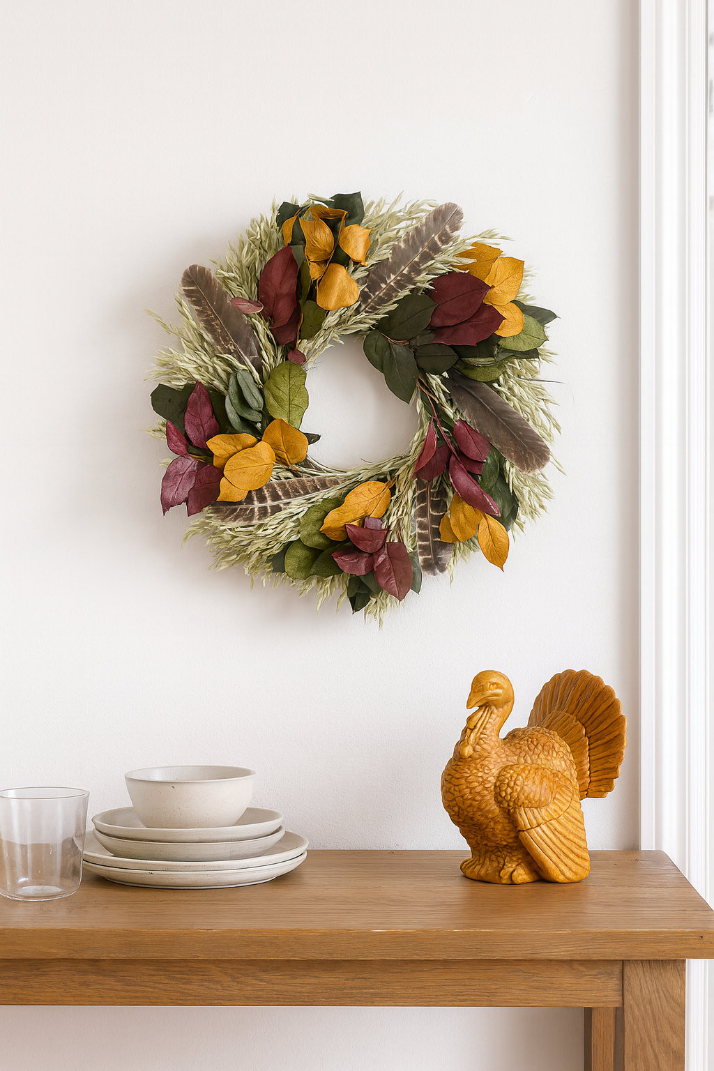 Natural Dried and Preserved Fall Leaves Wreath with Turkey Feathers, Green/Red/Yellow