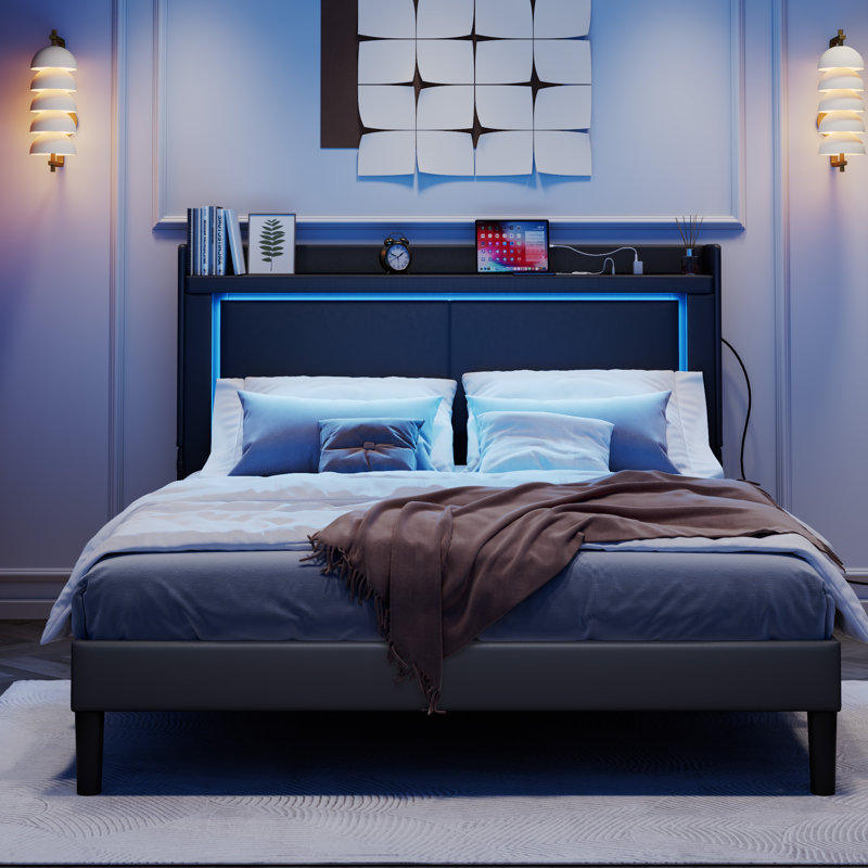 Modern Bed With 2 Nightstands, Charging Station And Colorful Led Light, Gray