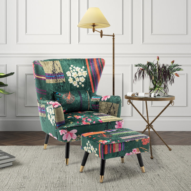 Upholstered Accent Chair with Footstool, Green